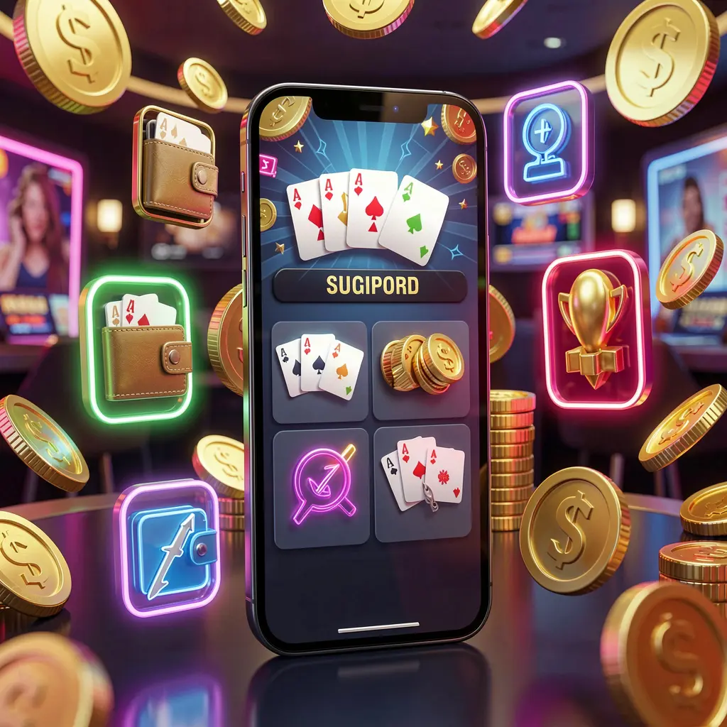 JILI3377 online casino app features displayed on a smartphone surrounded by icons for wallet, games, support, and rewards with golden coins and neon lights in a luxury 3D render