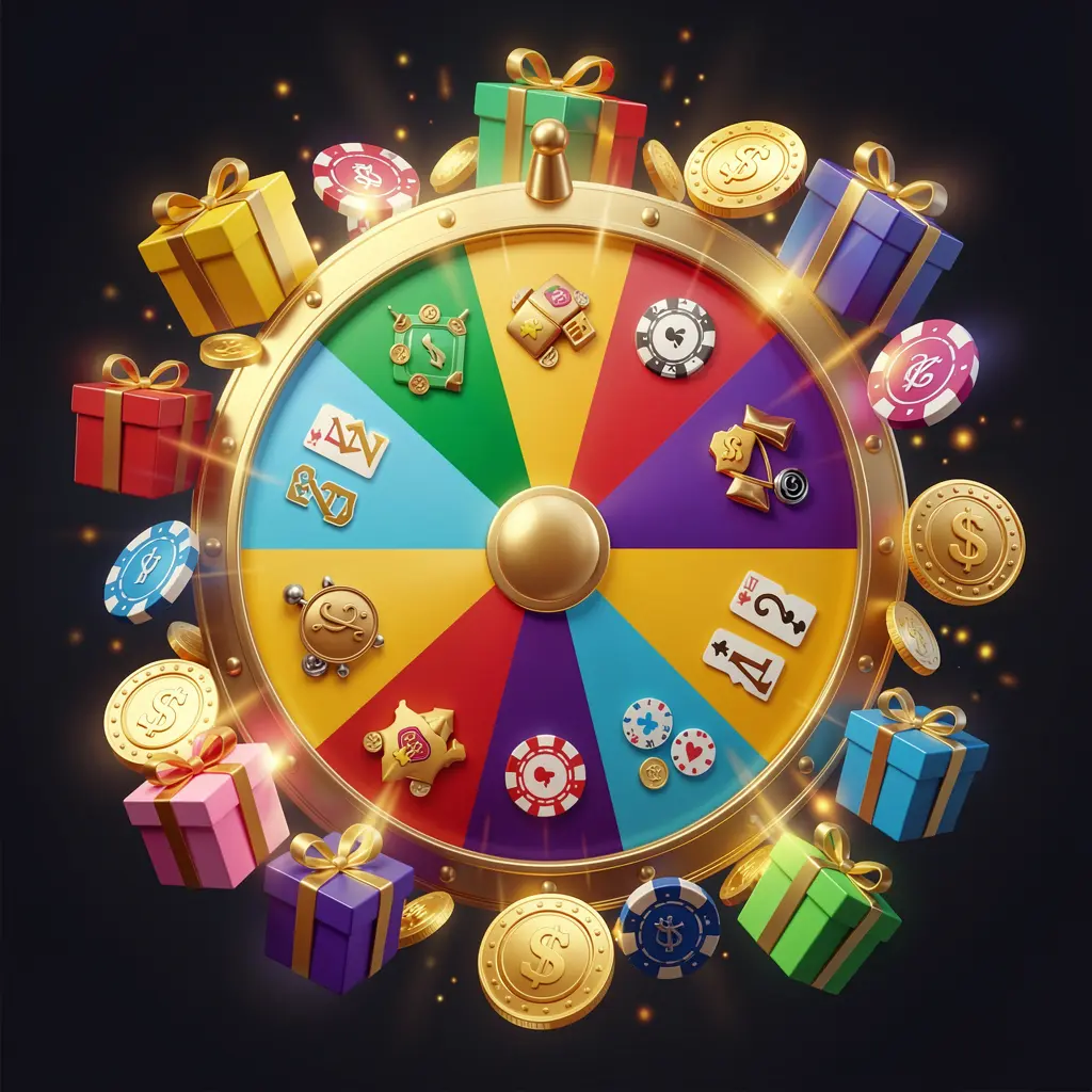 JILI3377 online casino bonus wheel with colorful prize wheel surrounded by golden coins, chips, and gift boxes, glowing casino lights creating an exciting jackpot atmosphere on a dark background