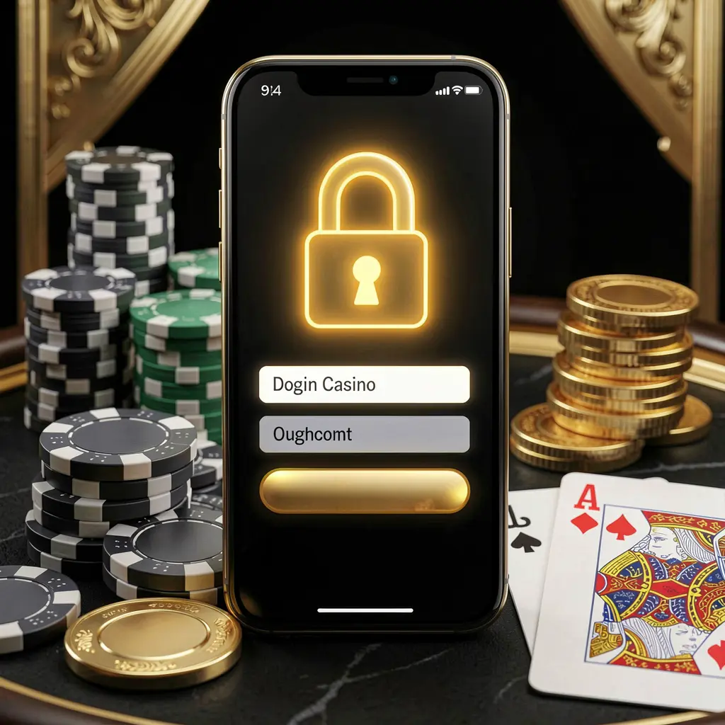 JILI3377 secure casino account login concept with glowing lock icon on smartphone screen, poker chips, playing cards, and golden coins on elegant black and gold background