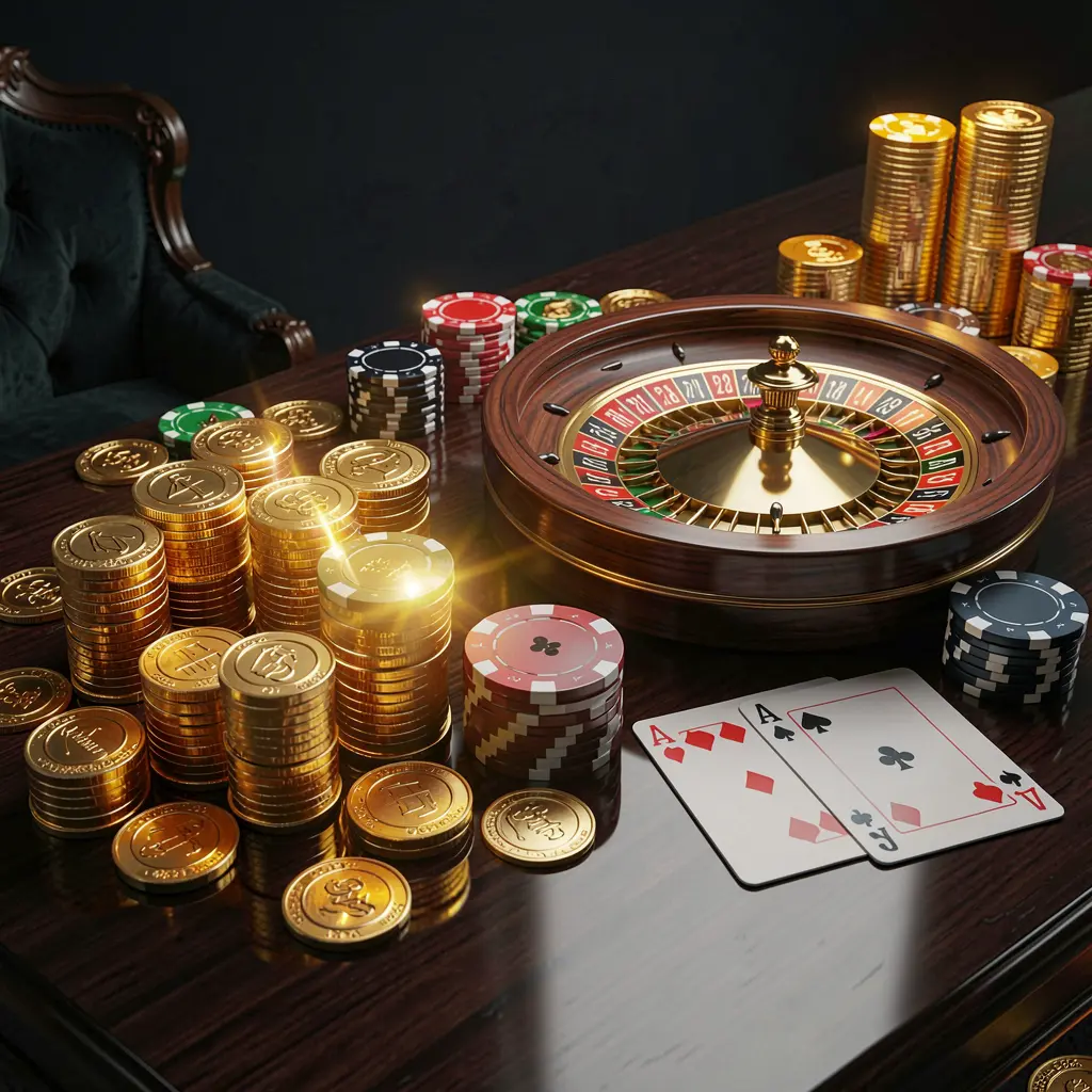 JILI3377 premium online casino banner featuring golden coins, glowing chips, roulette wheel, and cards on a glossy table with an elegant dark background in a high detail realistic 3D render